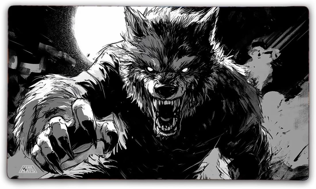 Wolfman TCG Playmat with Carry Bag, 14x24, 3mm Double Stitched Edge, Cloth Top, Neoprene Rubber Base, USA Made, only from Jank Mats!
