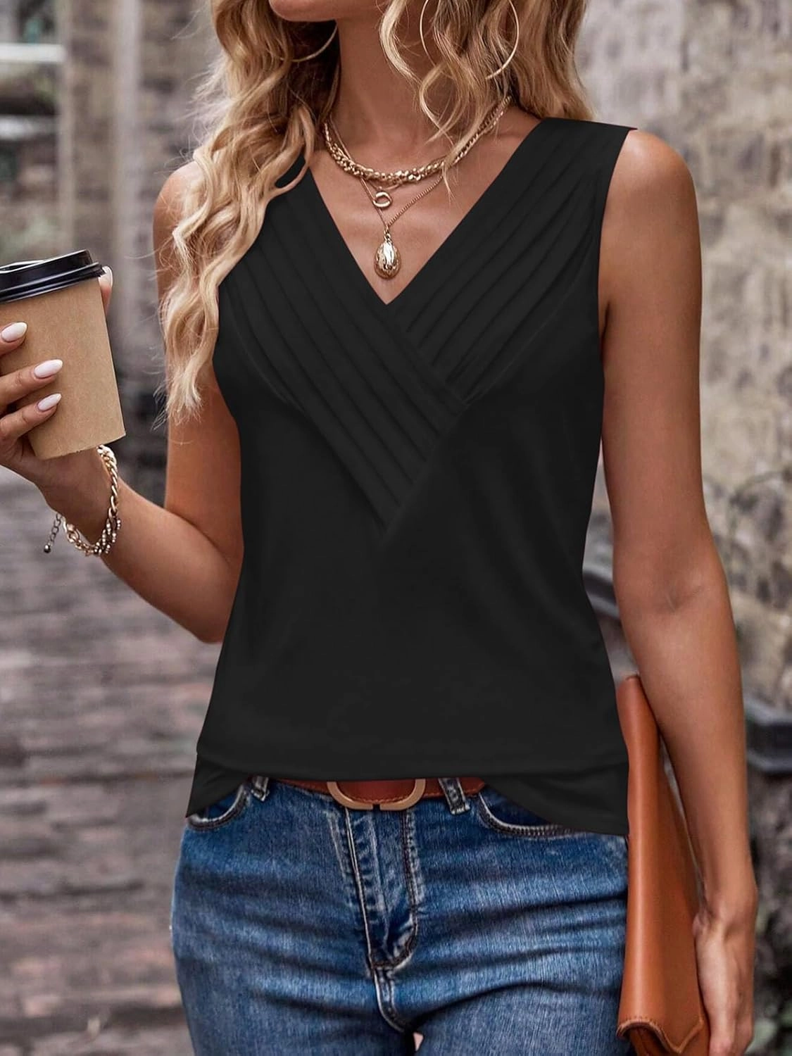 Womens V Neck Tank Tops Loose Fit Pleated Work Dressy Casual Tanks Summer Sleeveless Shirts