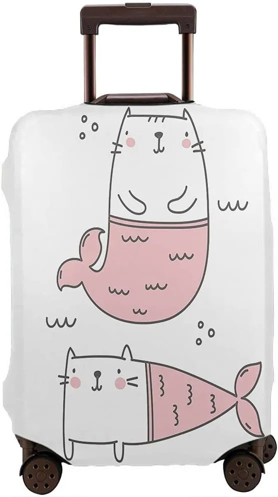 WONDERTIFY Cat Mermaid Travel Suitcase Protector Cute Kitty Fish Washable Elastic Luggage Cover With Concealed Zipper White Pink Fits 18-21 Inch