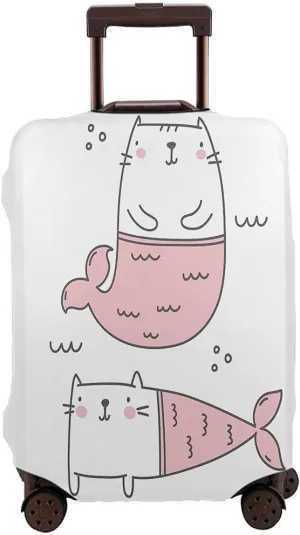 WONDERTIFY Cat Mermaid Travel Suitcase Protector Cute Kitty Fish Washable Elastic Luggage Cover With Concealed Zipper White Pink Fits 18-21 Inch