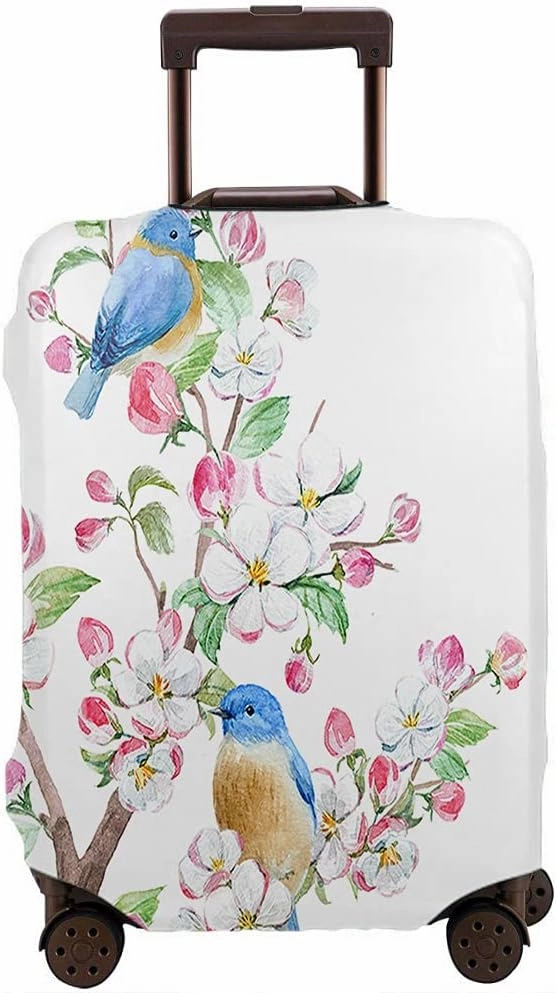 WONDERTIFY Apple Tree Flowers Suitcase Cover Two Birds Watercolor Spring Blossom Tree Travel Elastic Protective Washable Suitcase Protector Green Pink Fits 25 To 28 Inch