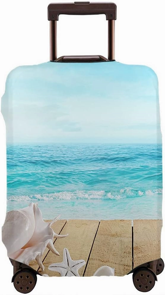 Wondertify Boardwalk Shells Travel Suitcase Protector Blue Ocean Seashore Starfish Old Wood Washable Elastic Luggage Cover With Concealed Zipper Fits 18-21 Inch