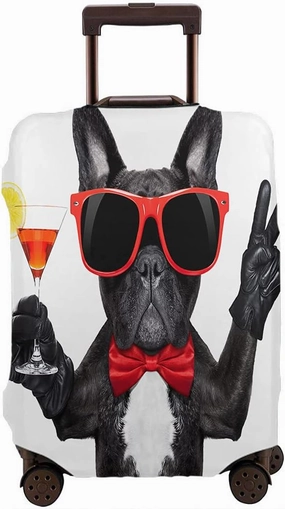 Wondertify French Bulldog Dog Travel Suitcase Protector Martini Cocktail Glass Have Fun Party Washable Elastic Luggage Cover With Concealed Zipper Fits 18-21 Inch White