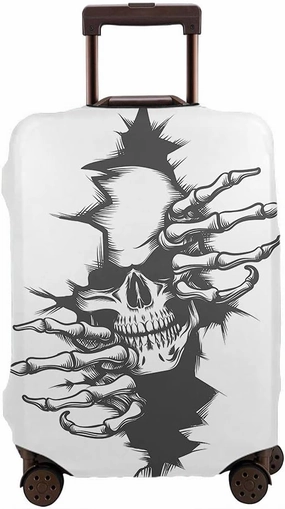 WONDERTIFY Human Skull Travel Suitcase Protector Skeleton Peeping Hole Crack Wall Halloween Tattoo Style Washable Elastic Luggage Cover With Concealed Zipper Black White Fits 18-21 Inch