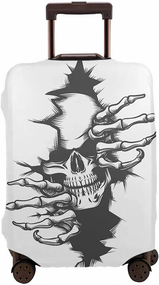 WONDERTIFY Human Skull Travel Suitcase Protector Skeleton Peeping Hole Crack Wall Halloween Tattoo Style Washable Elastic Luggage Cover With Concealed Zipper Black White Fits 18-21 Inch