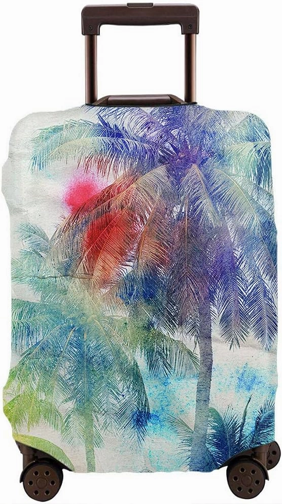 WONDERTIFY Palm Trees Luggage Cover Watercolor Stains Tropical Paradise Washable Suitcase Protector Anti-Scratch Suitcase Cover Sepia Purple Fits 22-24 Inch
