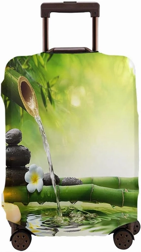 WONDERTIFY Spa Luggage Cover Meditation Bamboo Stalks Candle Basalt Stones Flow Water Theraphy Relaxing Washable Suitcase Protector Anti-Scratch Suitcase Cover Green Yellow Fits 22-24 Inch