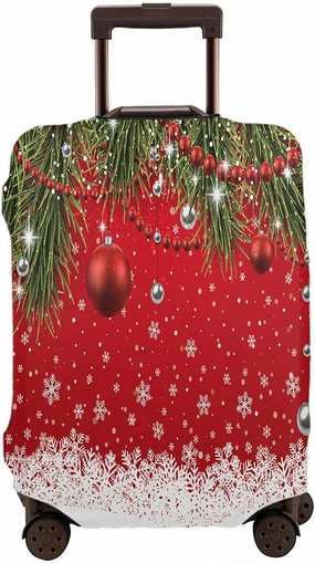 Wondertify Spruce Twigs Red Baubles Travel Suitcase Protector Falling Snowflake Snow Stars Washable Elastic Luggage Cover With Concealed Zipper Fits 18-21 Inch Red White