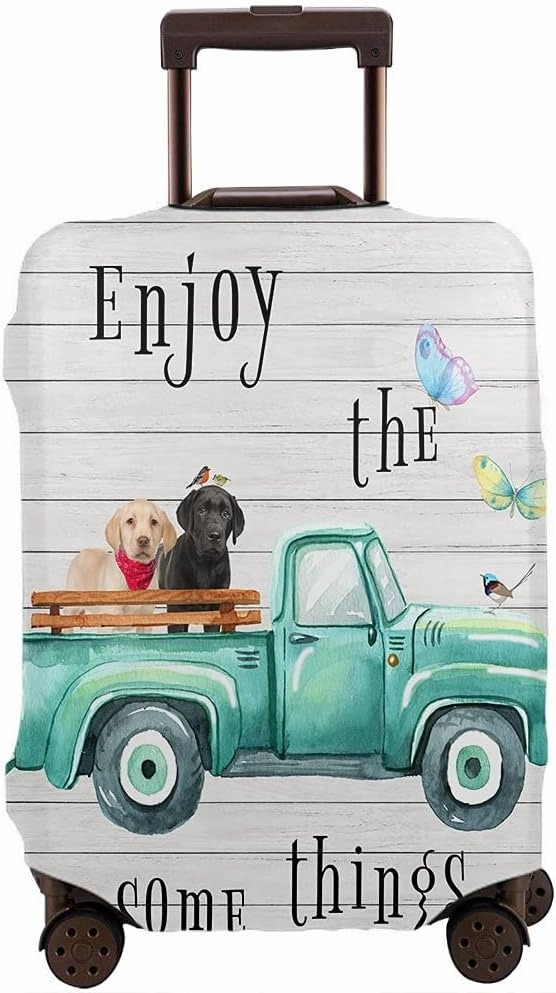 Wondertify Turquoise Truck Travel Suitcase Protector Old Car Two Standing Labrador Puppy Dogs Elastic Washable Luggage Cover With Concealed Zipper Fits 29-32 Inch Brown Black