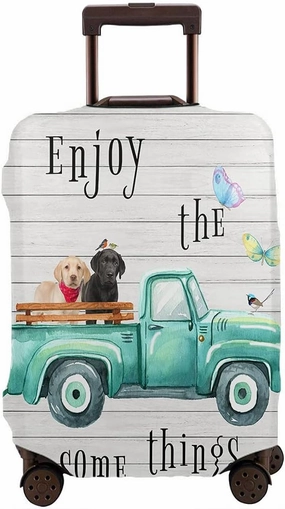 Wondertify Turquoise Truck Travel Suitcase Protector Old Car Two Standing Labrador Puppy Dogs Elastic Washable Luggage Cover With Concealed Zipper Fits 29-32 Inch Brown Black