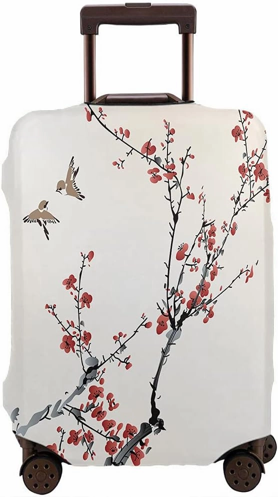 Wondertify Winter Birds Cherry Blossom Suitcase Cover Sparrow Japanese Flower Travel Elastic Protective Washable Suitcase Protector Fits 25 To 28 Inch Pink