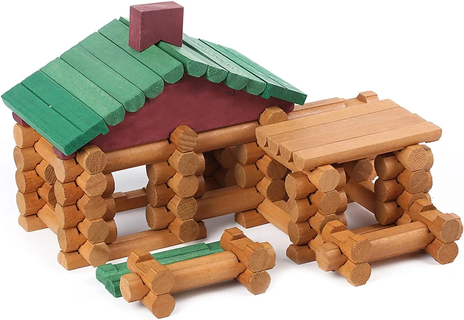Wondertoys 90 Pieces Classic Wood Cabin Logs Set, Building Log Toy for Children, Farm House Construction Educational Toys for 3 4 5 6 Years Old