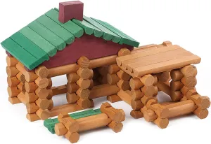 Wondertoys 90 Pieces Classic Wood Cabin Logs Set, Building Log Toy for Children, Farm House Construction Educational Toys for 3 4 5 6 Years Old