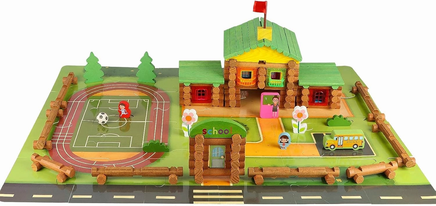 Wondertoys 269 Pieces Real Wood Logs Set Ages 3 , Classic Building Log Gift Set for Boys/Girls– Creative Construction Engineering - Top Blocks Game Kit - Preschool Education Toy