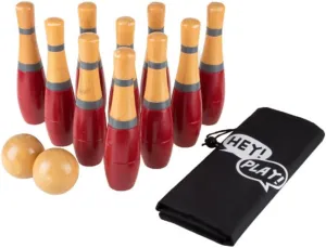 Wooden Lawn Bowling - Adults and Kids Bowling Set with 10 Pins, 2 Balls, Carry Bag - Indoor and Outdoor Games - Skittle Yard Games (Red)