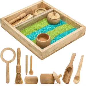Wooden Sensory Play Bin Set – Montessori Fine Motor & Tactile Exploration Kit with Wooden Tools, Natural Mango Wood