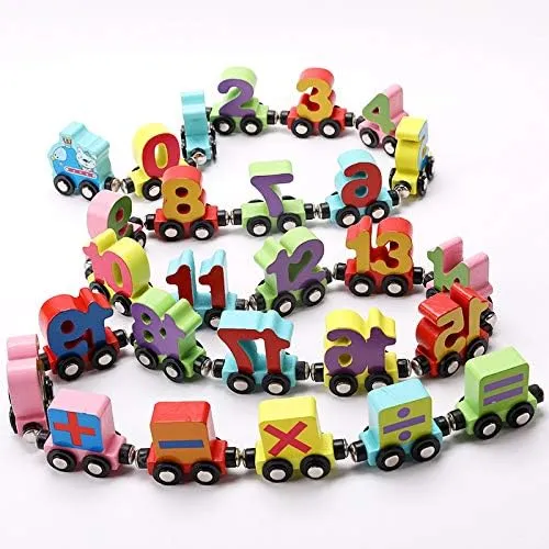 Wooden Trackless Trains Set, Alphabets Numbers Magnetic Train Cars for Children Early Educational (Number Train)