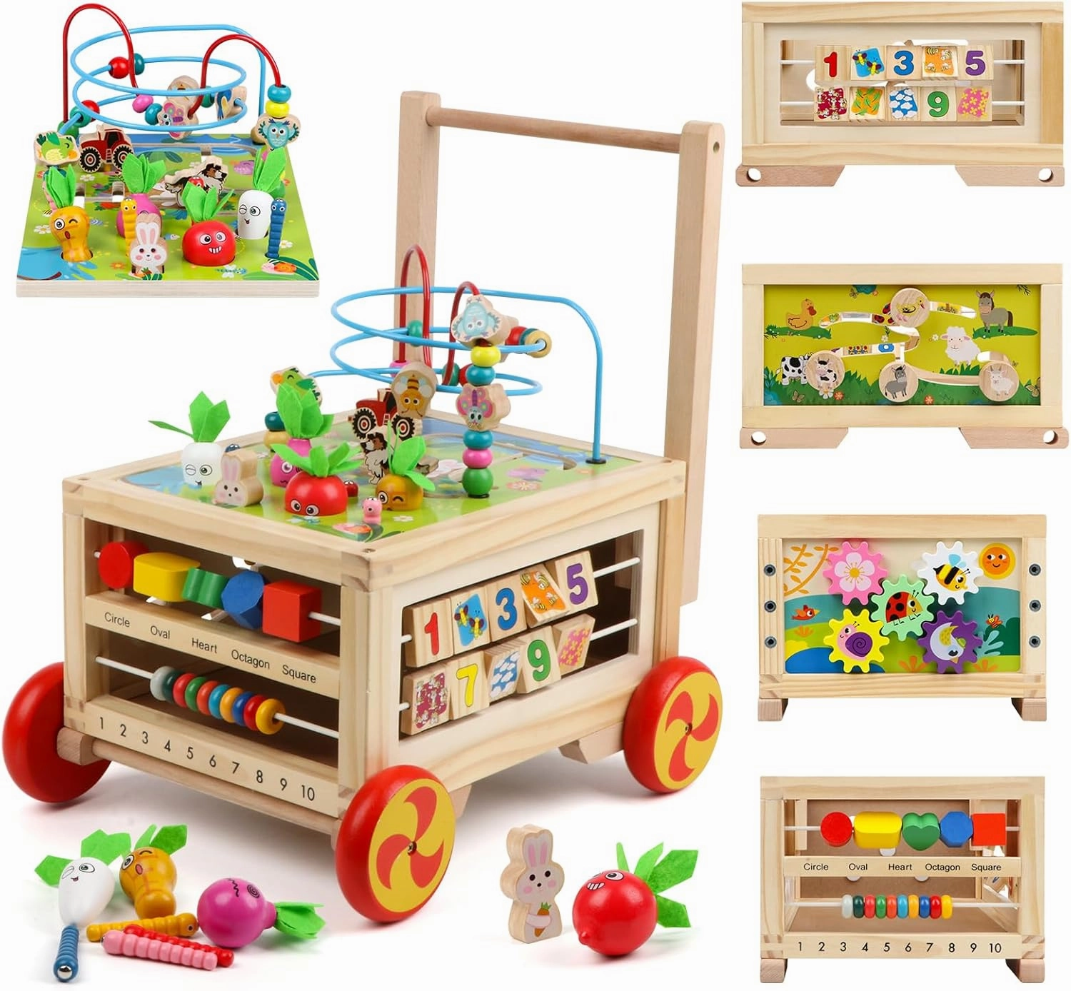 Wooden Activity Cube 7-in-1 Montessori Toy Multipurpose Educational Learning Toy for 1  Year Old Baby Toddler Kid Boy First Birthday Gift Bead Maze Gear Number Animal Board Carrots Harvest Game