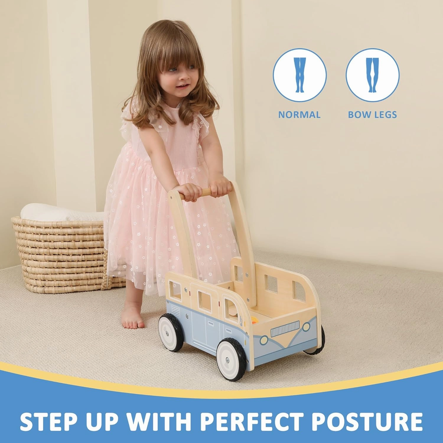 Wooden Baby Walker,Push Walker Bus for Boys and Girls, Stand & Learn Push Walker for Toddlers 1-3 Years Old Blue