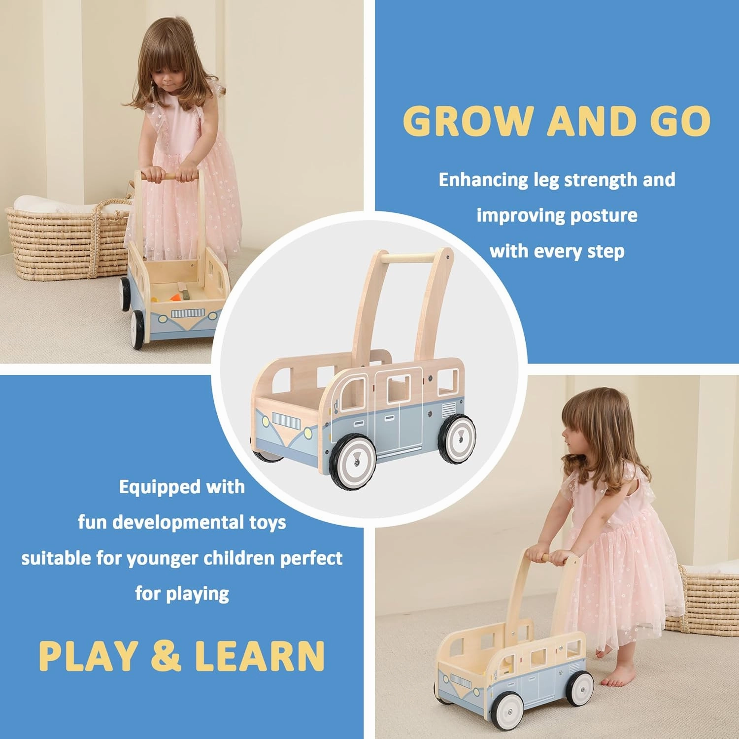 Wooden Baby Walker,Push Walker Bus for Boys and Girls, Stand & Learn Push Walker for Toddlers 1-3 Years Old Blue