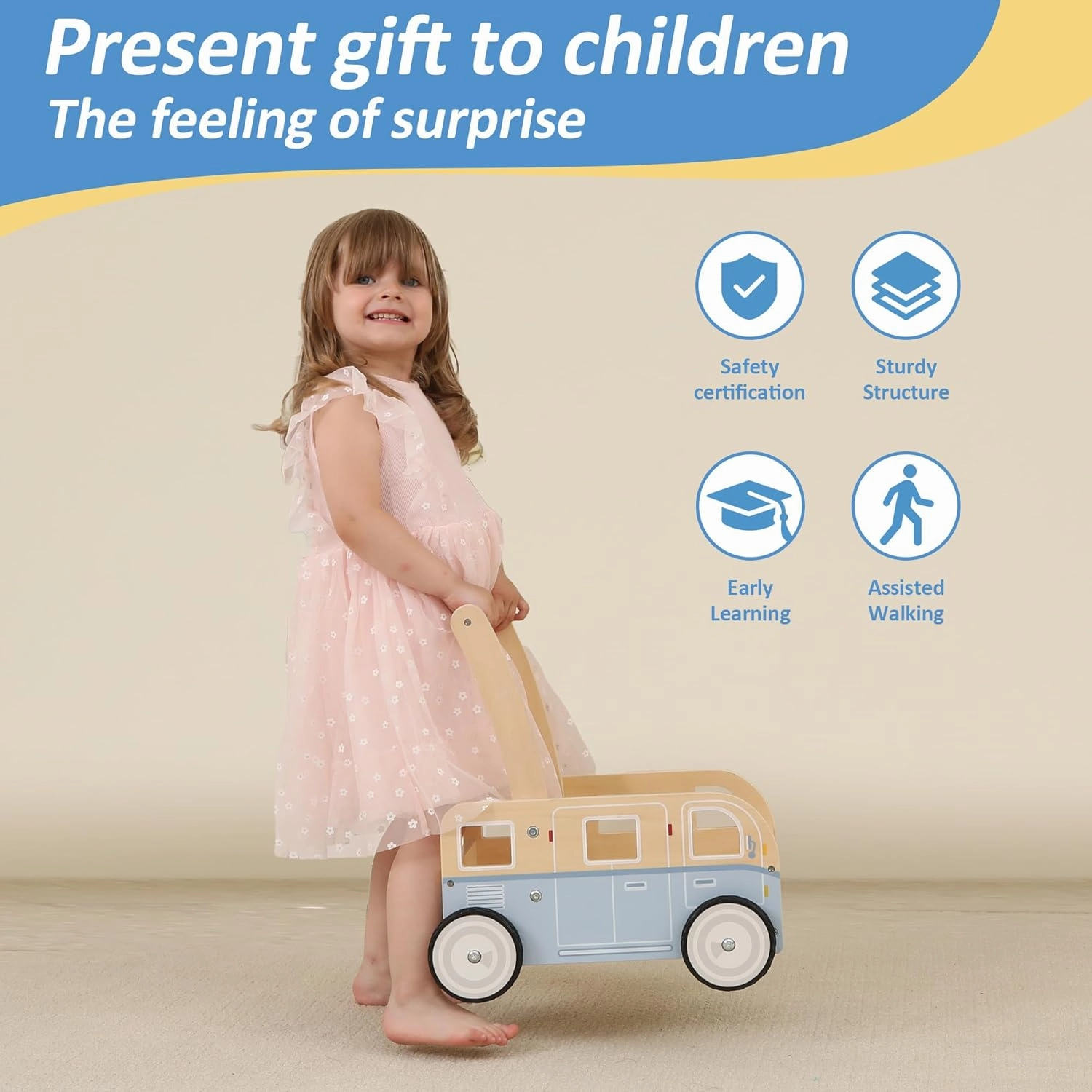 Wooden Baby Walker,Push Walker Bus for Boys and Girls, Stand & Learn Push Walker for Toddlers 1-3 Years Old Blue