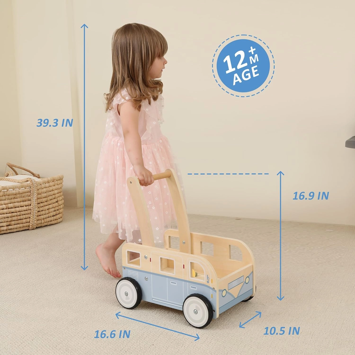 Wooden Baby Walker,Push Walker Bus for Boys and Girls, Stand & Learn Push Walker for Toddlers 1-3 Years Old Blue