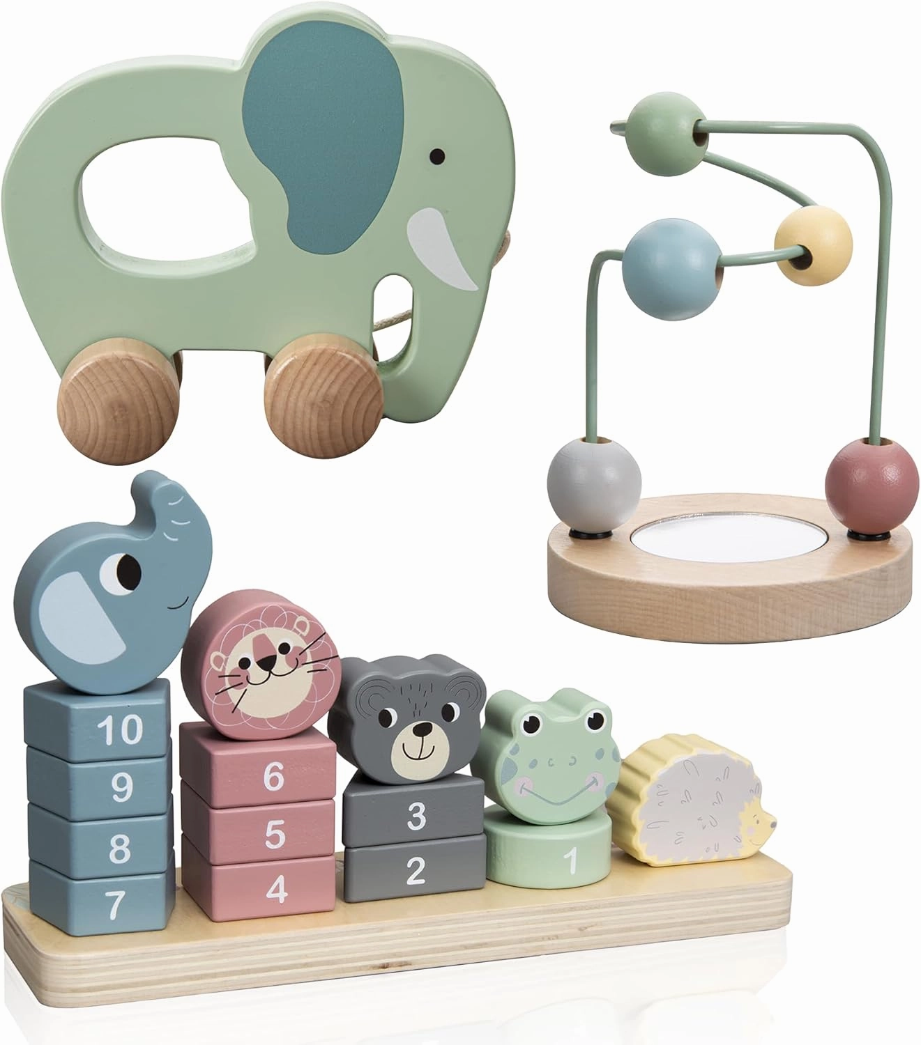 Wooden Montessori Toys Set - Aesthetic Baby Wooden Toys - 1 Year Old Montessori toys for Learning, Engaging and Developing for Toddlers Age 1-3 - Including Counting Toy, Pull Toy and Bead Maze