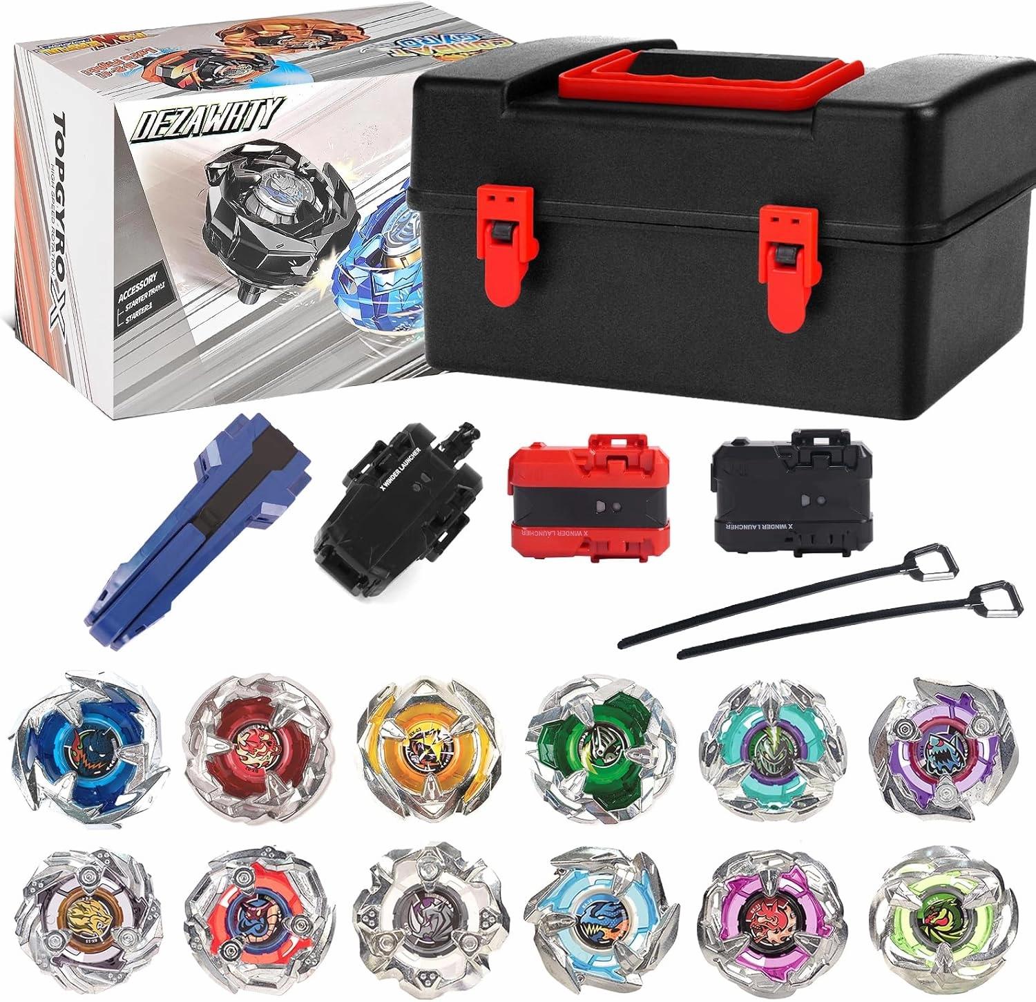 X Battling Set, 12 Spinning Tops, 3 Launchers and 1 Grip with Storage Box, Kids Toys Birthday Gift Ideal for 6  Years Old Boys (Silver)