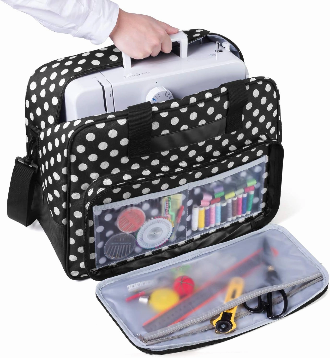 Yarwo Sewing Machine Tote Bag, Universal Portable Carrying Case with Anti-slip Padded Bottom Compatible with Most Standard Sewing Machine and Supplies, Black Dots