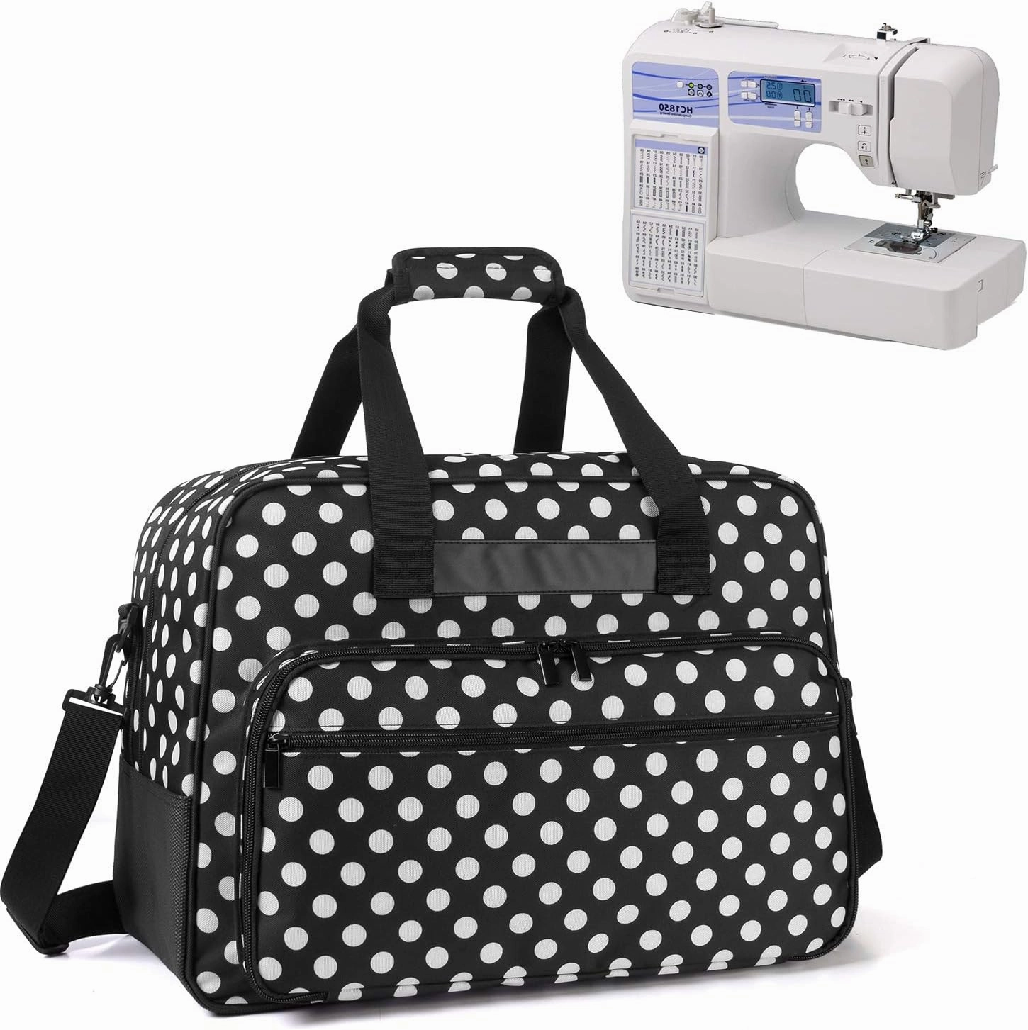 Yarwo Sewing Machine Tote Bag, Universal Portable Carrying Case with Anti-slip Padded Bottom Compatible with Most Standard Sewing Machine and Supplies, Black Dots