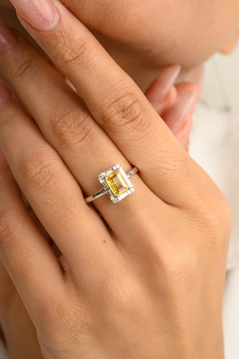 Yellow Sapphire Octagon 0.96Cts 14k Solid White Gold With Diamond Ring- Statement Wedding Birthstone Band Ring- Promise Ring Gift