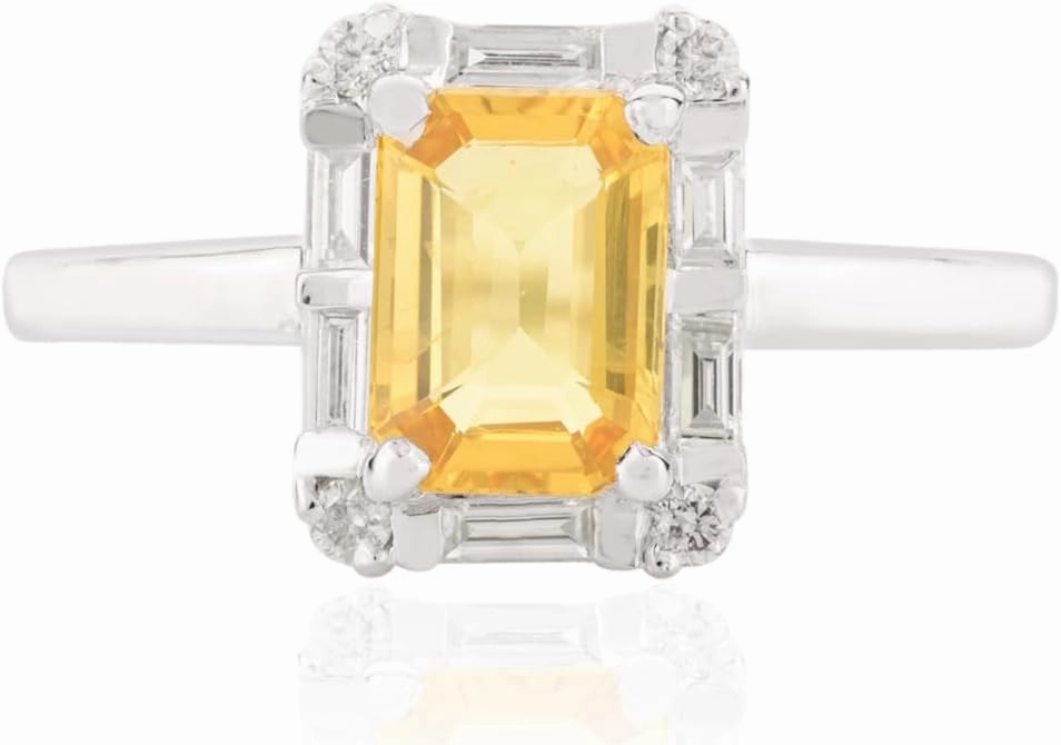 Yellow Sapphire Octagon 0.96Cts 14k Solid White Gold With Diamond Ring- Statement Wedding Birthstone Band Ring- Promise Ring Gift