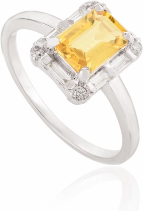 Yellow Sapphire Octagon 0.96Cts 14k Solid White Gold With Diamond Ring- Statement Wedding Birthstone Band Ring- Promise Ring Gift