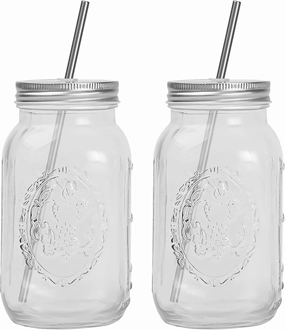 YSJILIDE Smoothie Cups, Glass Mason Drinking Jar, 24oz Smoothie Cups with Lid and Stainless Steel Straw, Drinking Mugs, Tea Cup Travel Mug, Ideal for Juice, Milk (Pack Of 2, Clear)