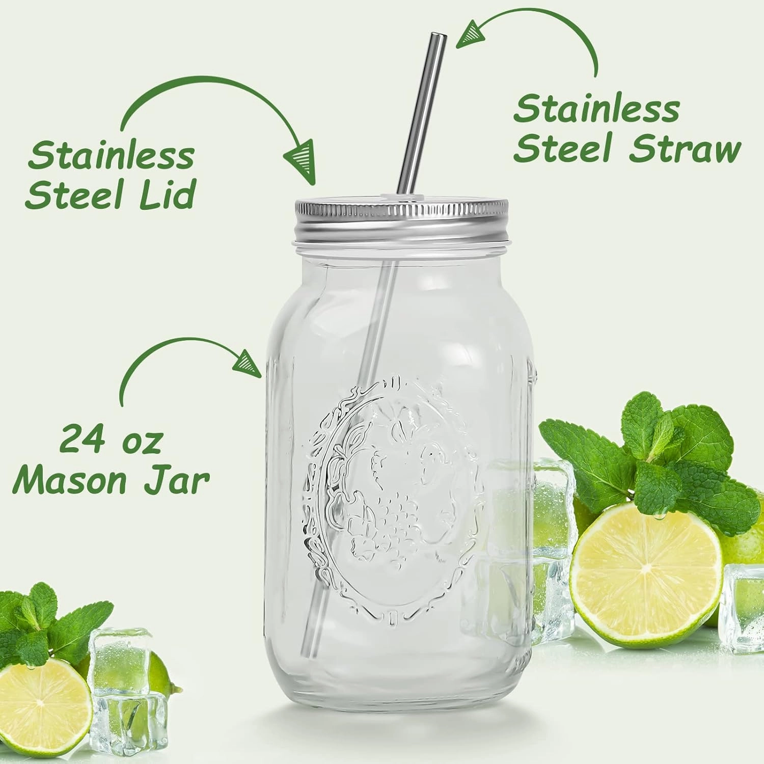 YSJILIDE Smoothie Cups, Glass Mason Drinking Jar, 24oz Smoothie Cups with Lid and Stainless Steel Straw, Drinking Mugs, Tea Cup Travel Mug, Ideal for Juice, Milk (Pack Of 2, Clear)