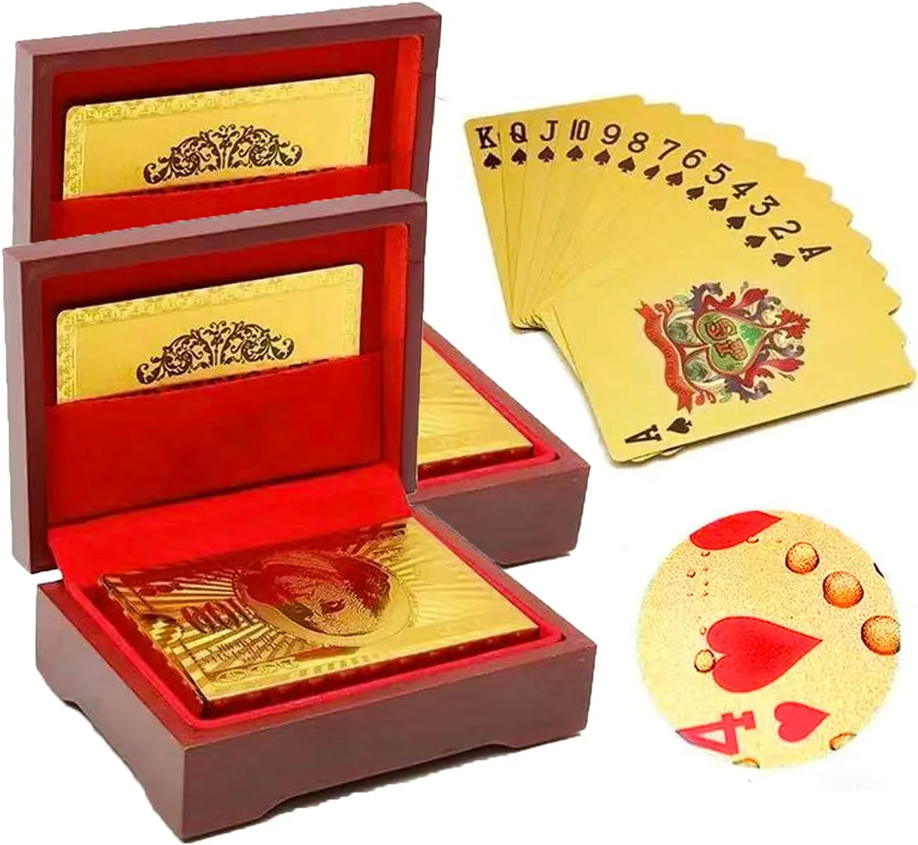 Yuiviot（2 Pack Mahogany Wooden Gift Box Case and 2 Decks of 24k Gold Plated Waterproof Playing Cards Poker, Luxury for Poker Magic Trick Game Texas, Decoration Collection, Gift for Kids Family