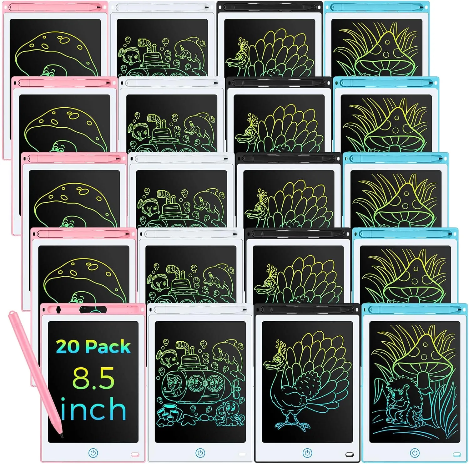 Zhehao 20 Pack LCD Writing Board for Kids, 8.5 Inches Doodle Board Reusable Board Screen Drawing Pad Erasable Painting Pads Educational Toy for 3-8 Years(Light Blue, Black, Pink, White)