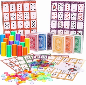 Zubebe 642 Pack Poker Keno Game Set, 36 Two-Sided Boards, 600 Transparent Scoring Chips, 6 Deck of Multicolor Playing Cards, Poker Bingo Set Keno Board Game for Gathering Activity Family Casino Night